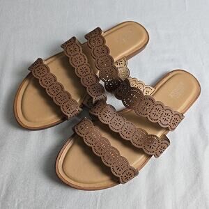 Market & Spruce Women’s Brown Floral Cut Out Slip‎ On Sandals Size 8 Casual
